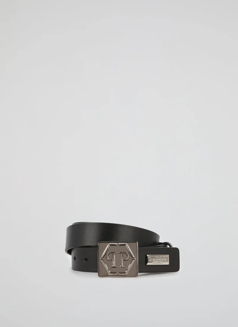 فيليب بلين Black Monogram Pin Buckle Belt