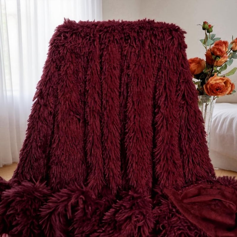 MYRU Plush Super Soft Blanket Bedding Sofa Cover Furry Fuzzy Fur Warm Throw Qulit Cozy Couch Blanket for Winter (51"x 63", Wine Burgundy Red) - Image 2