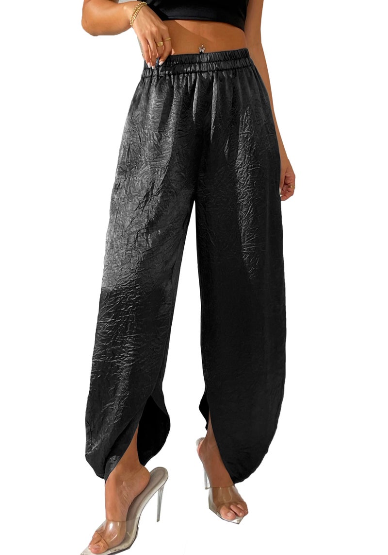 Womens Satin Pants Baggy Dressy Trouser Wide Leg Slouchy Curved Hem Wrinkle Textured Silky Pants Black