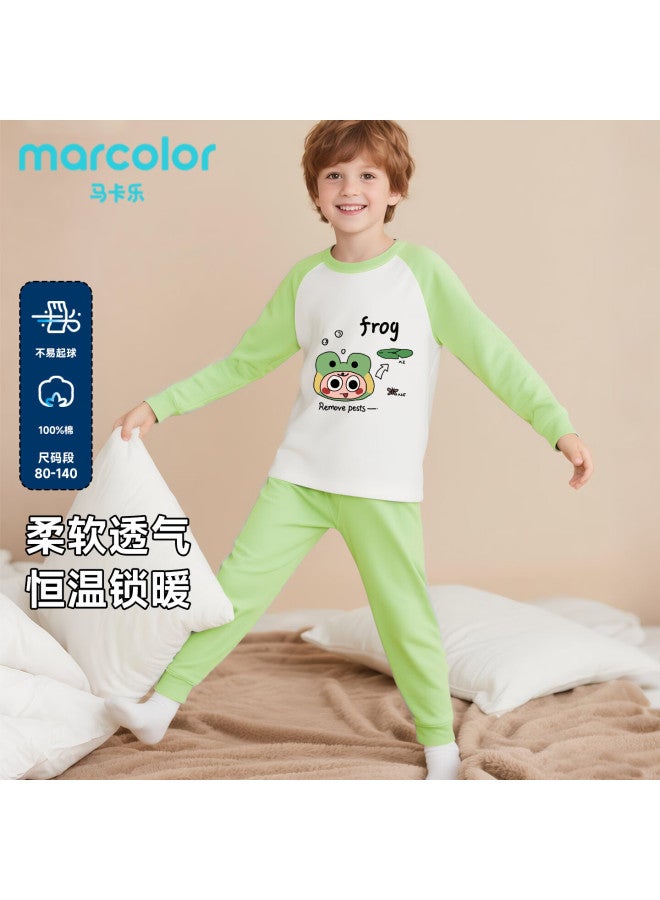 Marcolor Pure Cotton Baby Toddler Autumn Thermal Underwear Set Pajamas Warm Homewear Miguo Green Cute Frog Insect Catcher Size 120