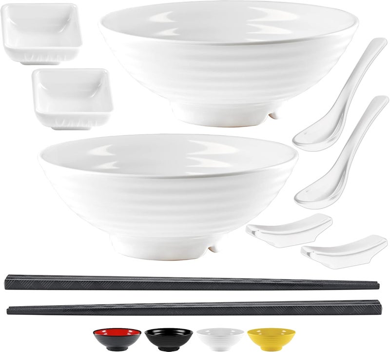 Practimondo Noodle Bowls Set  large 32oz Ramen Bowl Set for authentic Asian Cuisine  comes with Dipping Bowls Spoons and Chopstick Stands Enjoy Thai Miso Udon or Wonton 2 Bowl Set White - Image 1