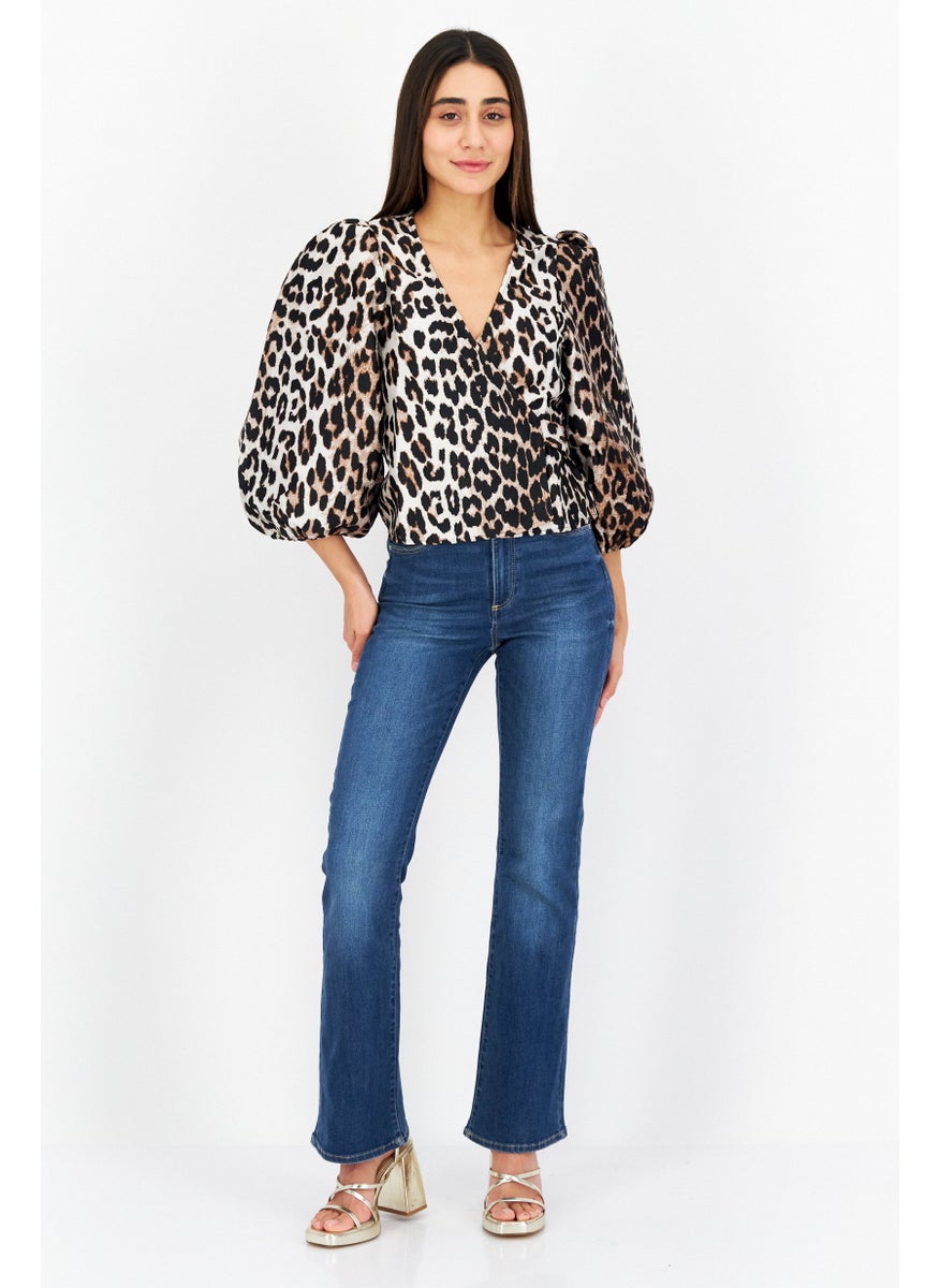 Edited - Women V Neck Long Sleeve Animal Print Blouse, Beige - Image 1