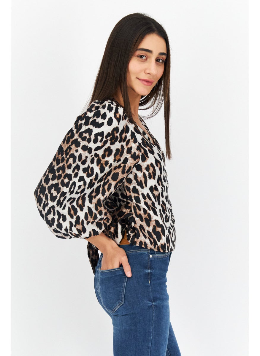 Edited - Women V Neck Long Sleeve Animal Print Blouse, Beige - Image 1
