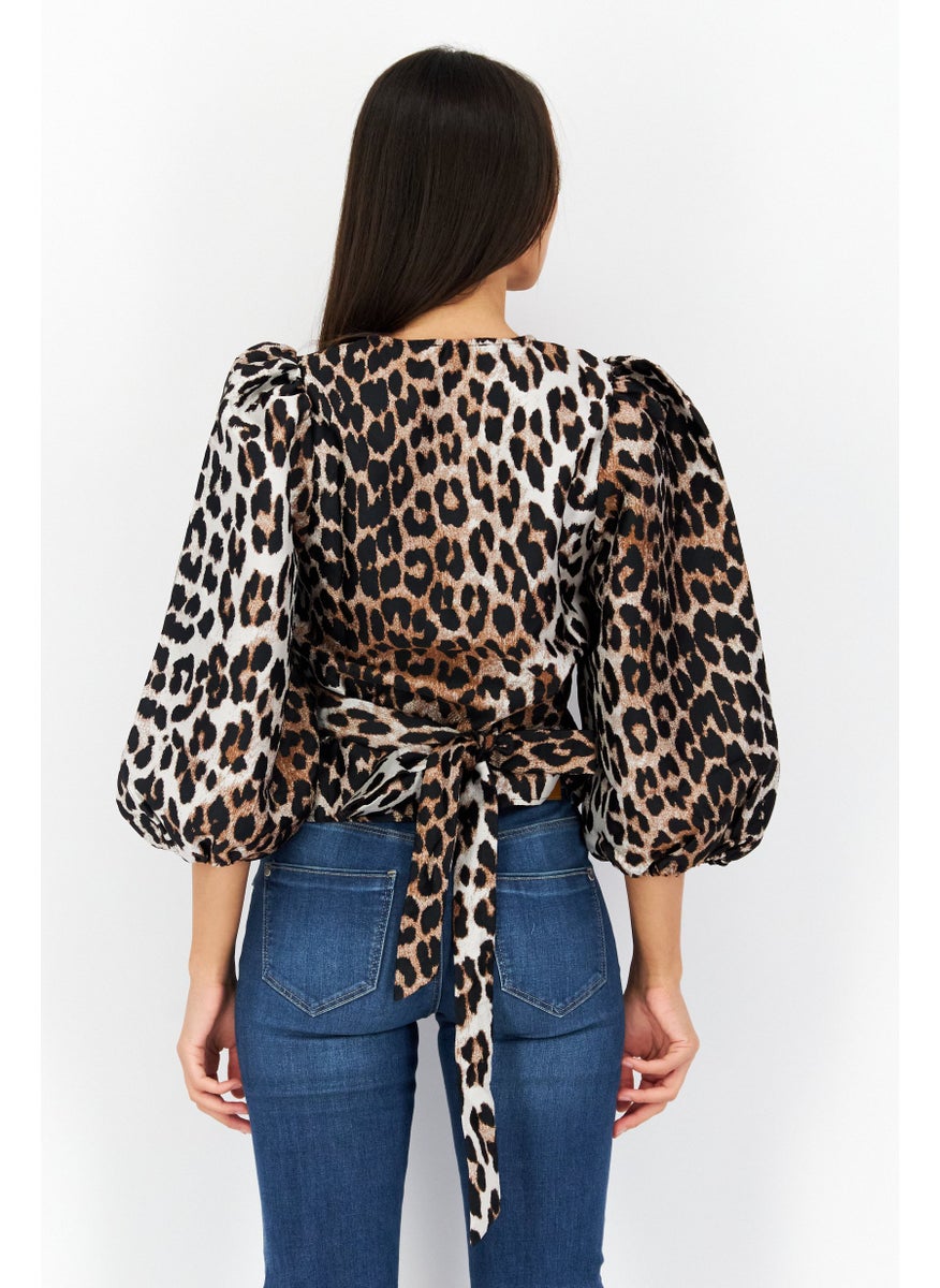 Edited - Women V Neck Long Sleeve Animal Print Blouse, Beige - Image 1