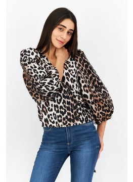 Women V Neck Long Sleeve Animal Print Blouse, Beige