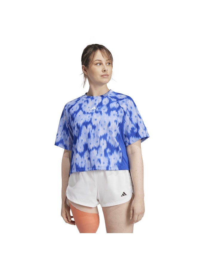 Adidas Aop Flower Tee Blue Training T-Shirts 2XS  - Image 3