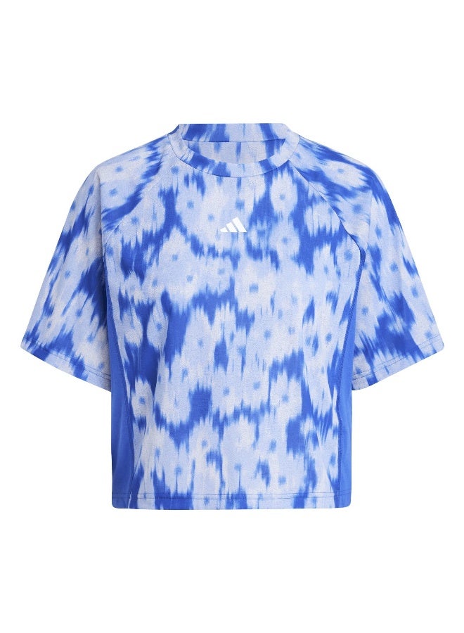 Adidas Aop Flower Tee Blue Training T-Shirts 2XS  - Image 2
