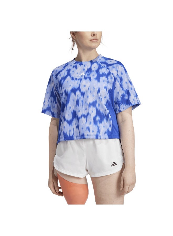 Adidas Aop Flower Tee Blue Training T-Shirts 2XS  - Image 4