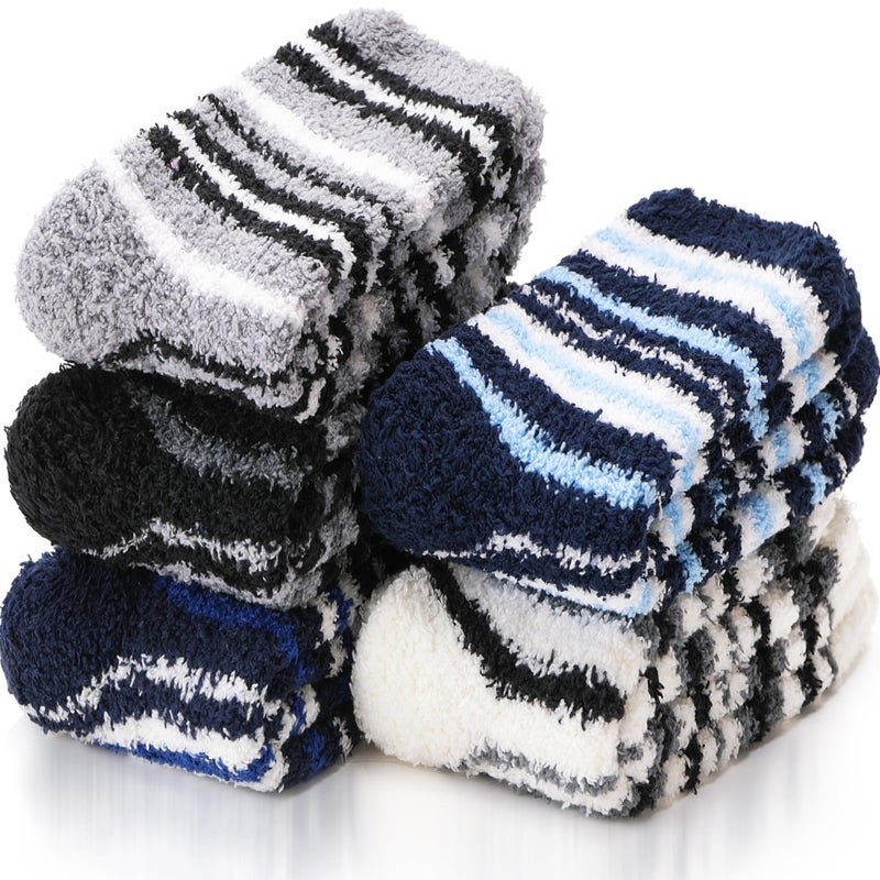 EBMORE Fuzzy Socks - Men & Women's Fluffy Warm Winter Thick Cozy Slipper Cabin Soft Stocking Stuffers Socks (Dark Stripes) - Image 1