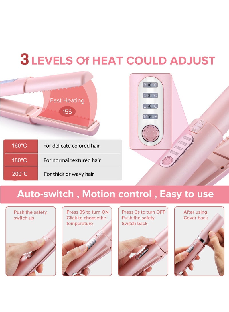 SYOSI Cordless Mini Hair Straightener, Wireless Portable Flat Iron for Hair, 2 In 1 Portable Flat Iron & Curling Iron, USB-C Rechargeable Flat Iron with 4800mA Battery, Adjustable Temperature, Pink - Image 3