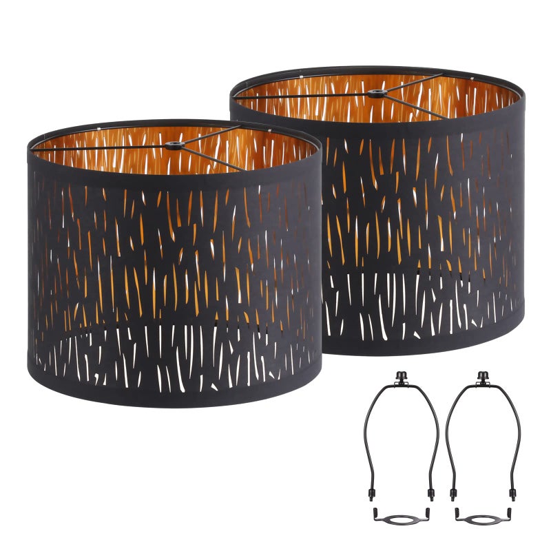 Luvkczc Black Lampshades Set of 2, Drum Lamp shade with Hollow-carved Design, 12.7" x 12.7" x 10 Inches Lampshades for Table Lamp, Floor Lamp, Pendant Light, Lamp Shade Harp Holder Included - Image 1