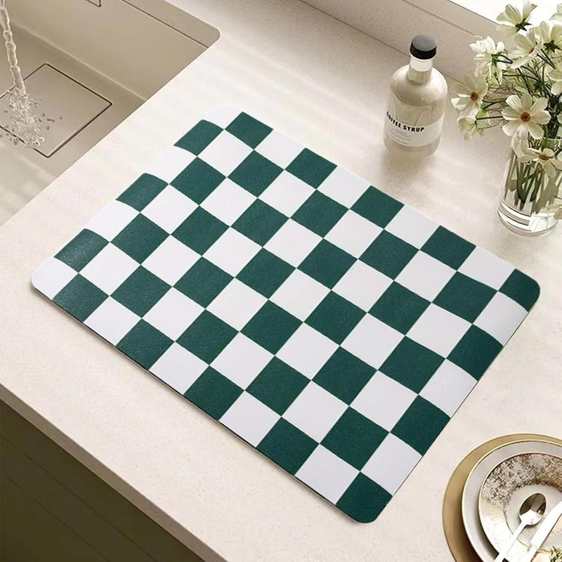 Tinideya Coffee Mat Checkered Dish Drying Mat for Kitchen Counter Coffee Bar Vintage Buffalo Dish Pad Absorbent Kitchen Drying Mat for Bar Station Accessories Easy Clean(Dark Green,12 x 16 Inches) - Image 1
