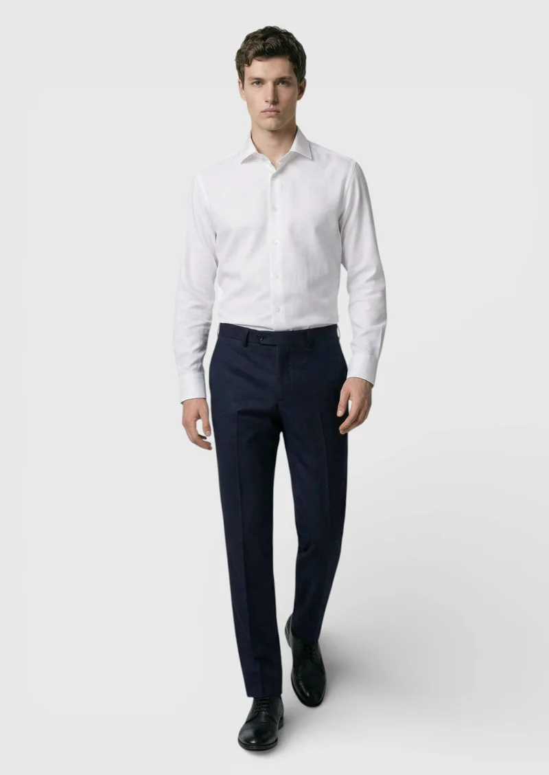 RAMSEY White Plain Regular Fit Long Weaving Classical Wool Blended Shirt