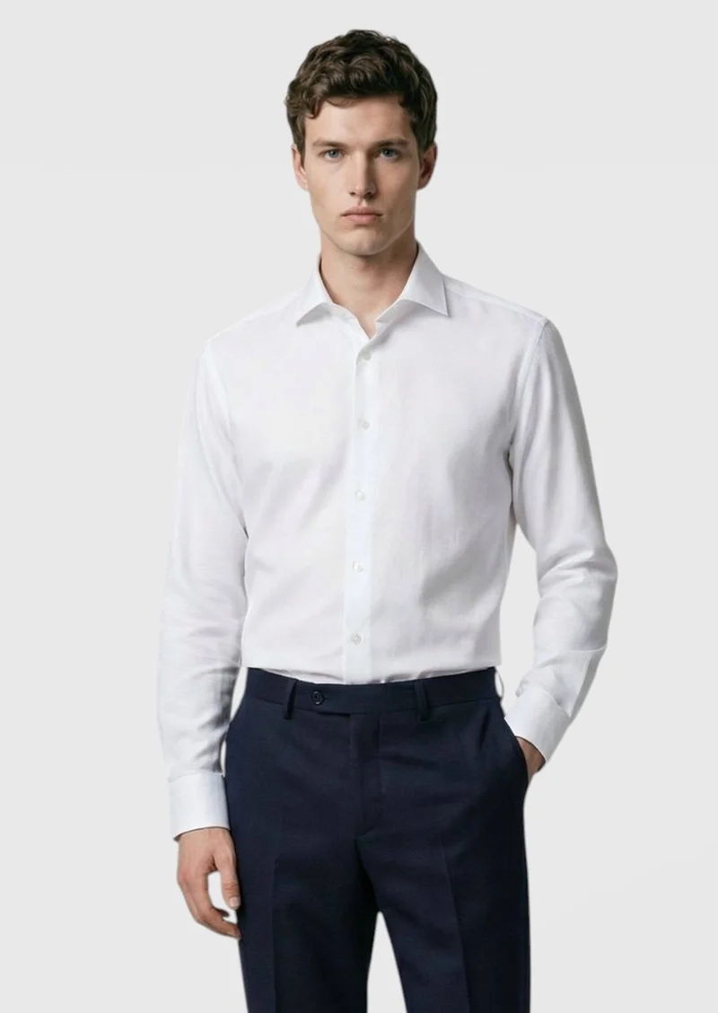 Ramsey White Plain Regular Fit Long Weaving Classical Wool Blended Shirt