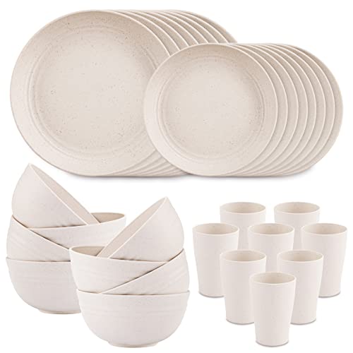 Supernal Wheat Straw Dinnerware Sets for 8Microwave Dishwasher SafeUnbreakable DinnerwareReusable Tableware SetBeige Set 16pcs Plates 8pcs Bowls 8pcs Cups