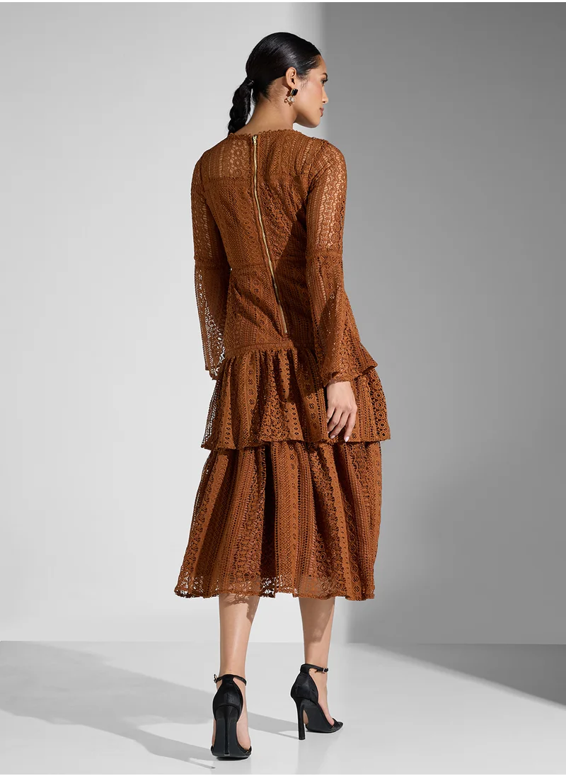 Just Me Crochet Lace Long Sleeve Maxi Dress