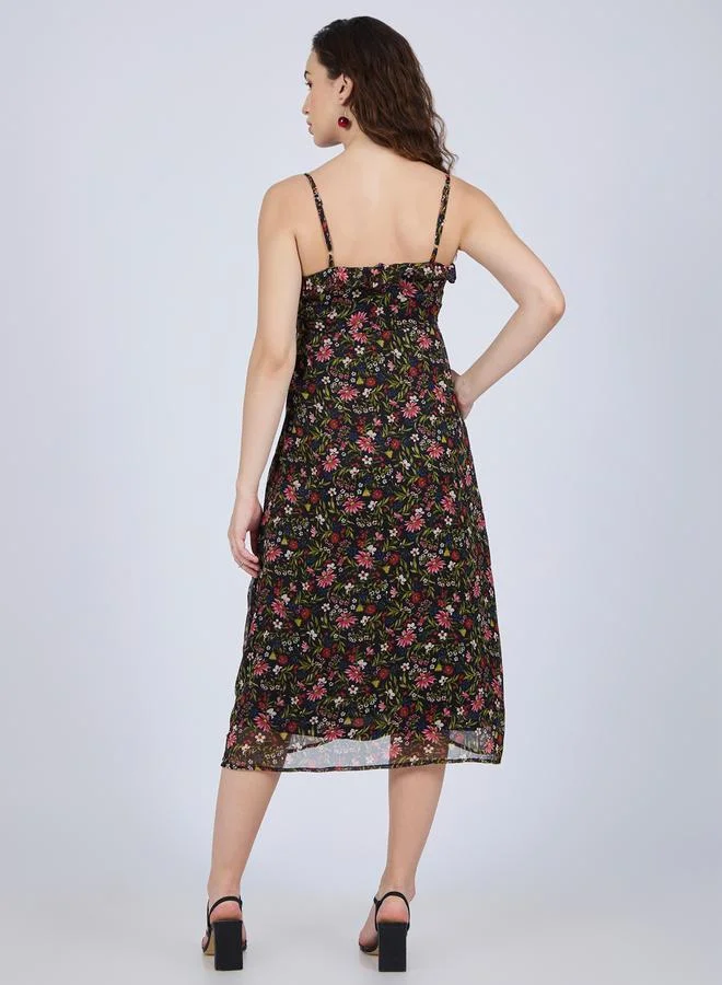 Outzidr  Black Floral Ruffle Midi Dress for Women | Best Price UAE