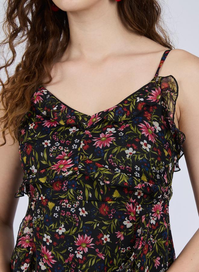 OUTZIDR Black Floral Ruffle Midi Dress - Image 2
