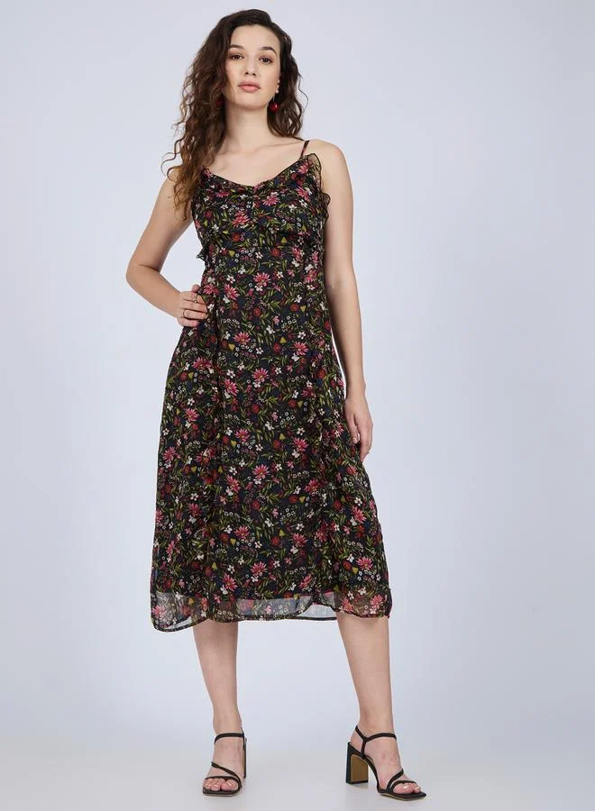 Outzidr  Black Floral Ruffle Midi Dress for Women | Best Price UAE