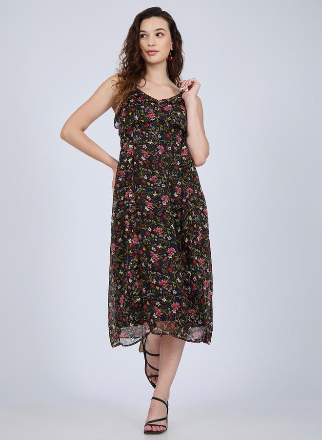 OUTZIDR Black Floral Ruffle Midi Dress - Image 1