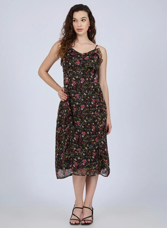 Outzidr  Black Floral Ruffle Midi Dress for Women | Best Price UAE