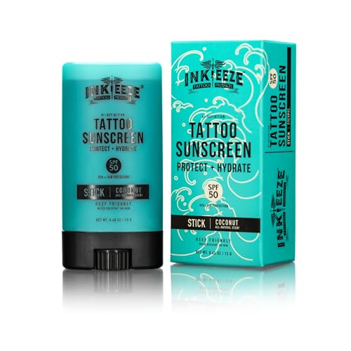 INK-EEZE Tattoo Sunscreen Stick SPF 50, Ink Shield, UVA/UVB Blocking, Dries Clear, Ozone Reef Friendly, Vegan, Made in USA, Coconut, 0.5oz Stick - Image 1
