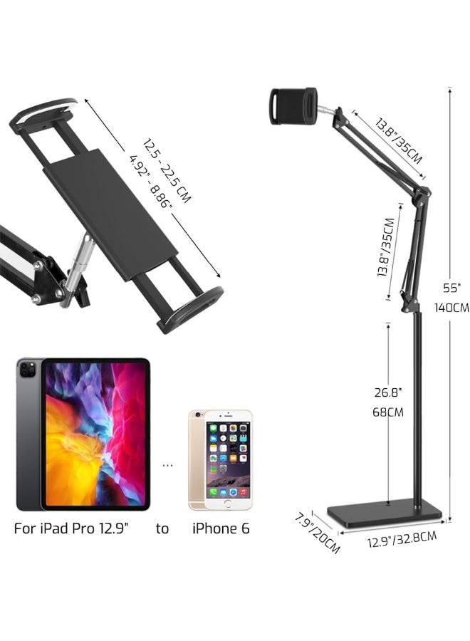 Adjustable Tablet Floor Stand Holder – Swivel Boom Arm Overhead Mount for iPad 12.9/9.7, iPhone, and Smartphones (4.7"–12.9") - Image 2