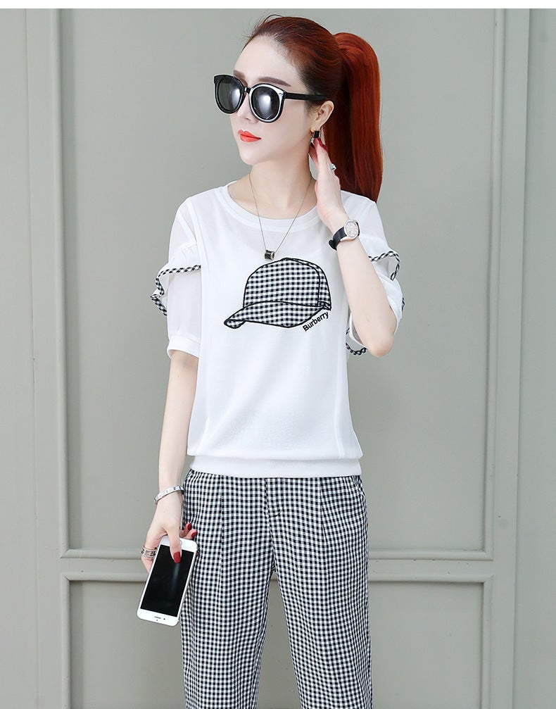 Summer new suit casual fashion elegant slimming Western style age-reducing short sleeve plaid trousers sports two-piece suit fashion White