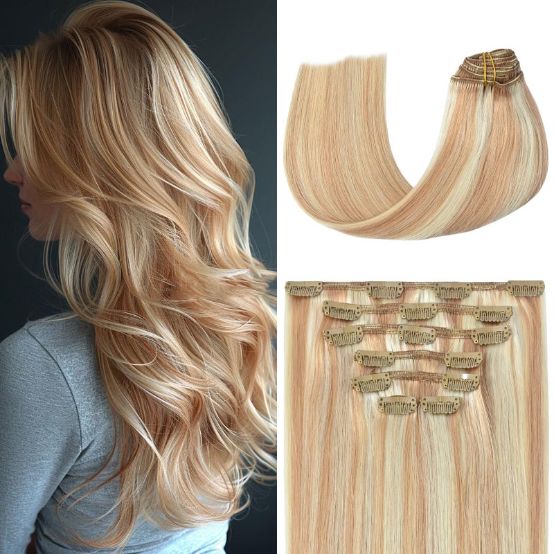Aison Clip in Hair Extensions Real Human Hair Strawberry Blonde to Bleach Blonde Human Hair Extensions 20 Inch Straight Double Weft Remy Highlight Hair Extensions Clip in Human Hair 70g 7pcs 12p613
