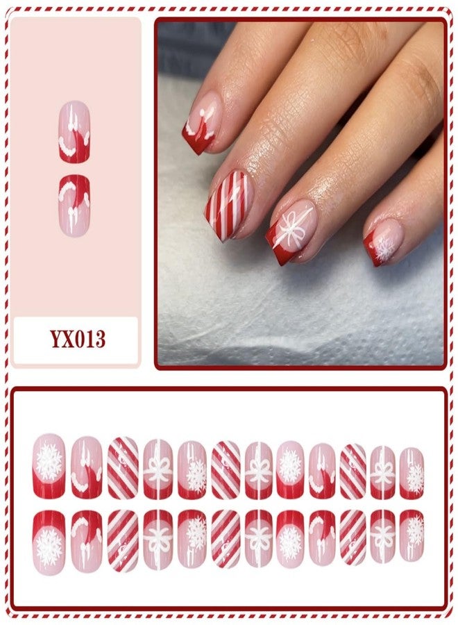 ROKHEVN Christmas Press on Nails Short Square Fake Nails Christmas Hat Snowflake Design Nails Press Ons Red French Tip False Nails Full Cover Acrylic Glue On Nail for Women Nail Art Decoration 24Pcs - Image 2