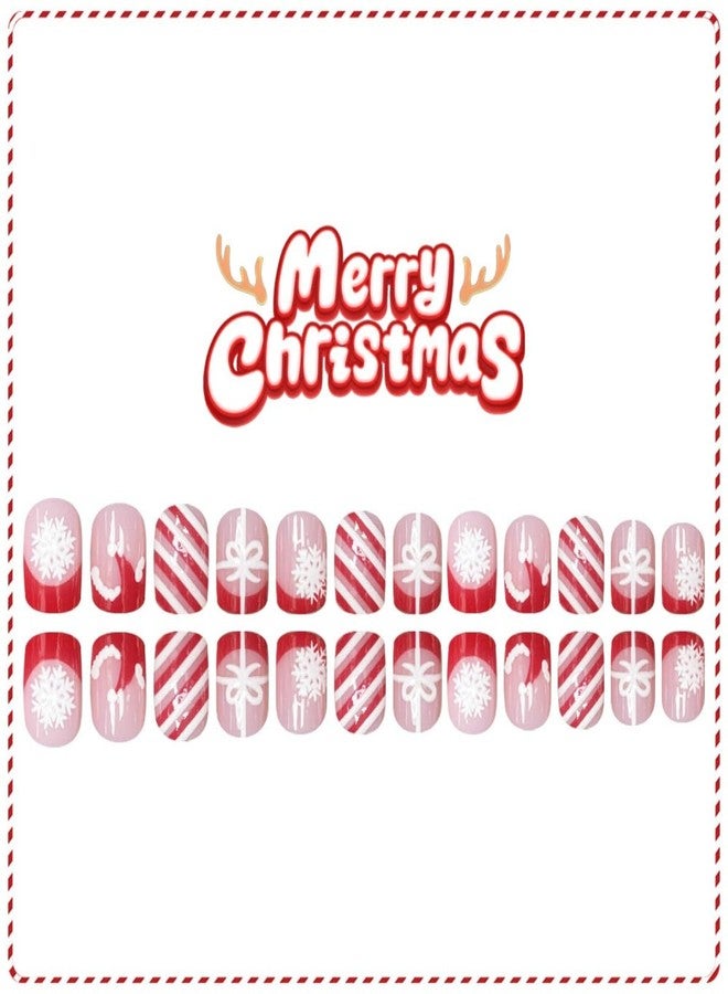 ROKHEVN Christmas Press on Nails Short Square Fake Nails Christmas Hat Snowflake Design Nails Press Ons Red French Tip False Nails Full Cover Acrylic Glue On Nail for Women Nail Art Decoration 24Pcs - Image 4