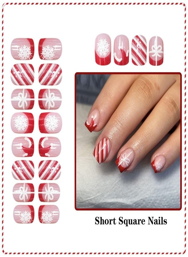 ROKHEVN Christmas Press on Nails Short Square Fake Nails Christmas Hat Snowflake Design Nails Press Ons Red French Tip False Nails Full Cover Acrylic Glue On Nail for Women Nail Art Decoration 24Pcs - Image 3