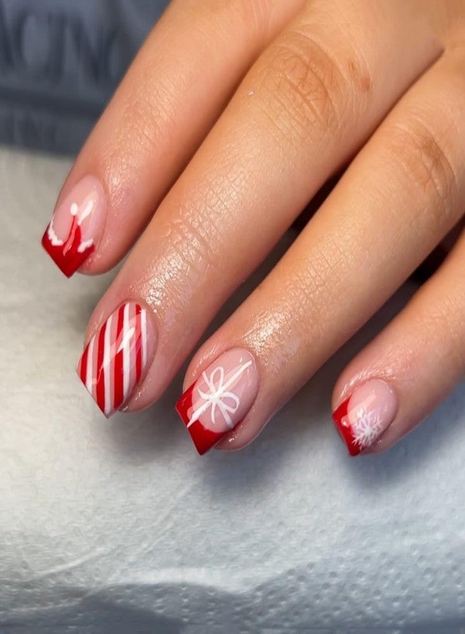 ROKHEVN Christmas Press on Nails Short Square Fake Nails Christmas Hat Snowflake Design Nails Press Ons Red French Tip False Nails Full Cover Acrylic Glue On Nail for Women Nail Art Decoration 24Pcs - Image 1
