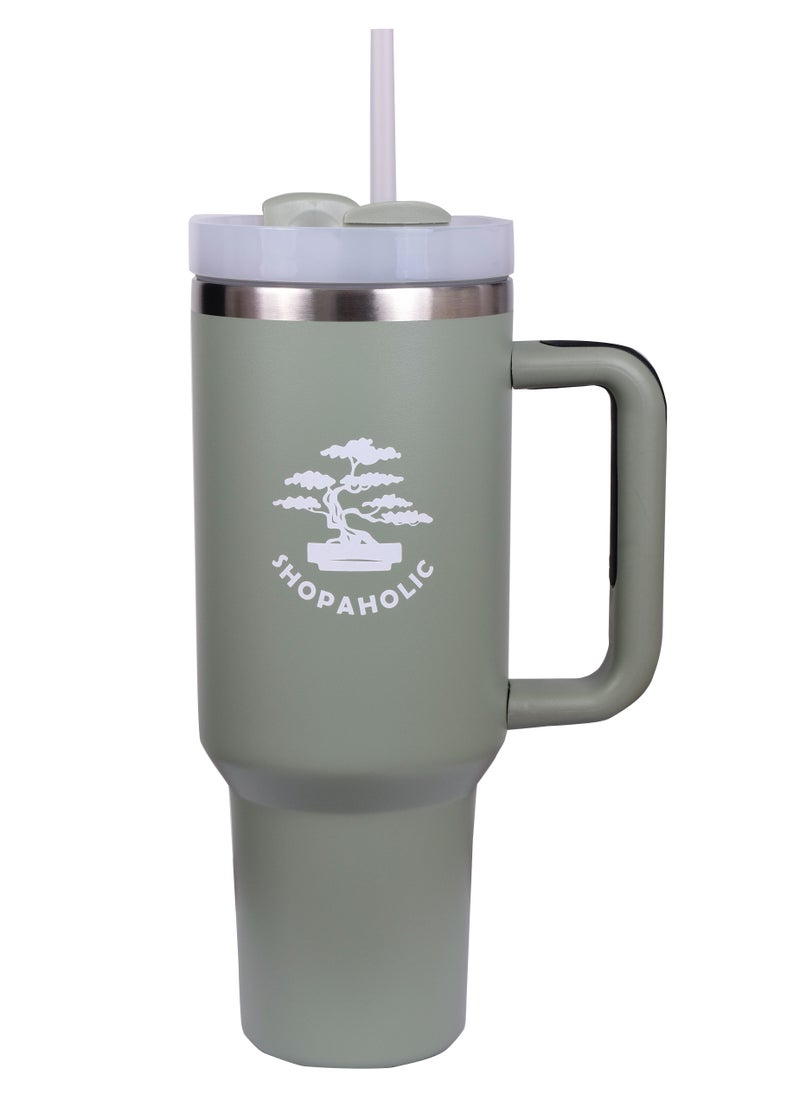 Shopaholic - 40oz Insulated Stainless Steel Tumbler with Handle, Straw & Lid - Large Travel Coffee Mug for Hot & Cold Beverages - Image 1