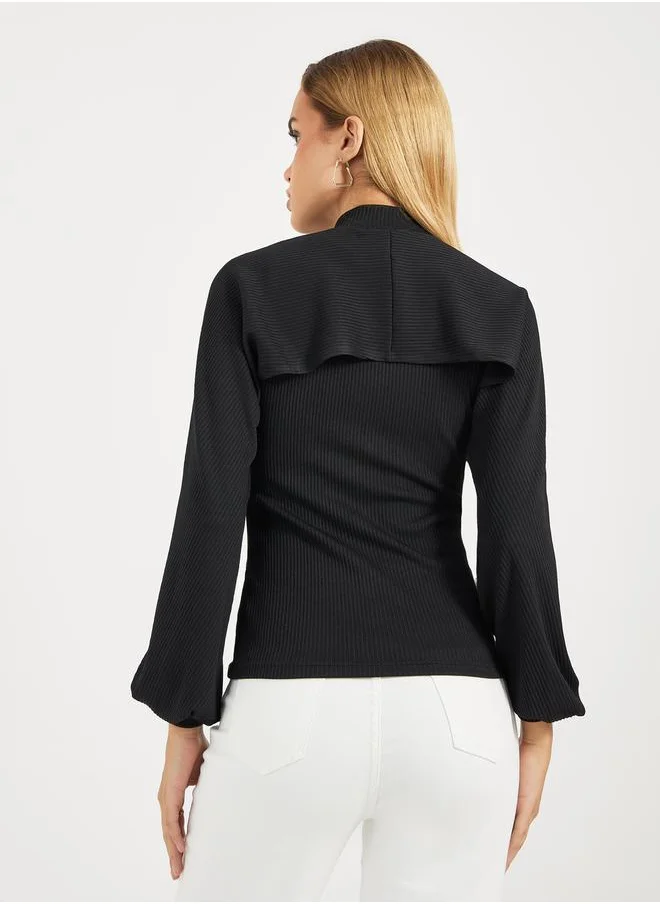 Styli High Neck 2in1 Style Ribbed Knit Layered Top