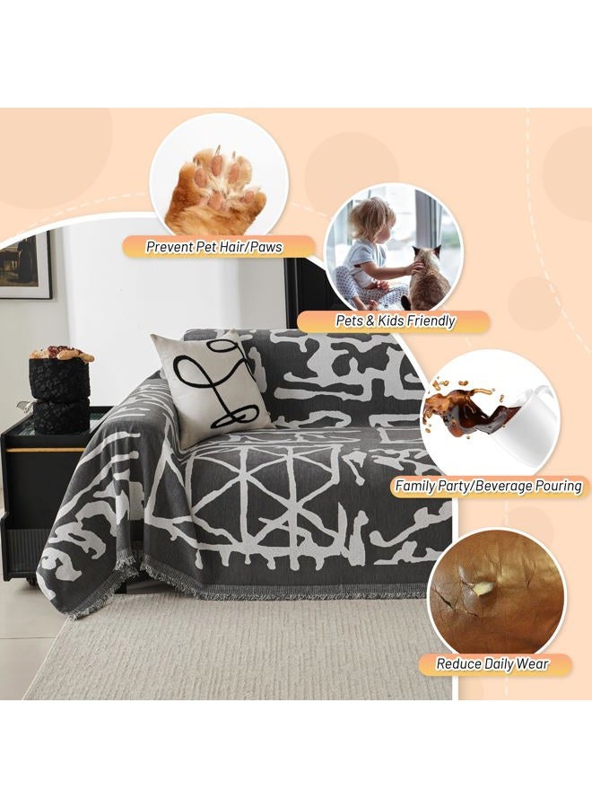 MYSKY HOME Boho Couch Cover Sofa Covers, Couch Covers for 2 Cushion Couch Sofa, Chenille L Shape Sectional Couch Cover - Pet-Friendly, Machine Washable, Sofa Protector for Kid, 71"x118", Grey Geometry - Image 3