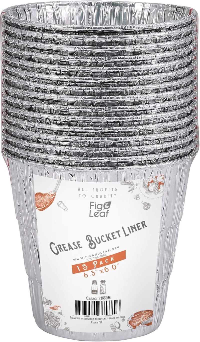 Fig & Leaf (15 Pack) Grease Bucket Liner Compatible with Pit Boss Grills 67292 Foil, Oklahoma Joe's 9518545P06, Rec Tec Large Bucket & Other Grill Bucket Accessories l 6.3” x 6.0” l Disposable Aluminum - Image 1