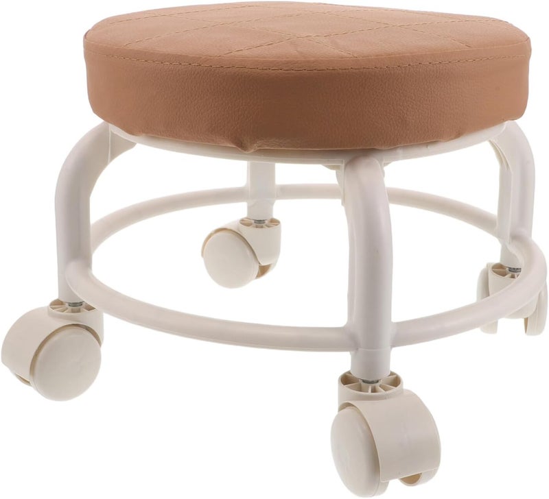 Low Round Rolling Stool with Wheels, Small Pu Swivel Stool 360° Rotation for Salon and Spa, Brown Compact Footrest Chair for Manicure and Home Use - Image 1