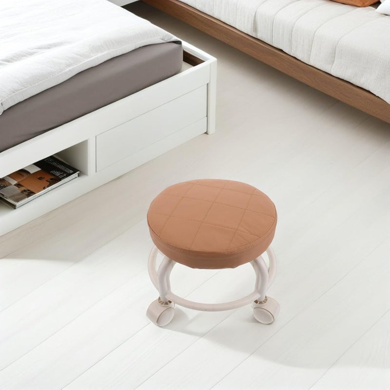 Low Round Rolling Stool with Wheels, Small Pu Swivel Stool 360° Rotation for Salon and Spa, Brown Compact Footrest Chair for Manicure and Home Use - Image 2