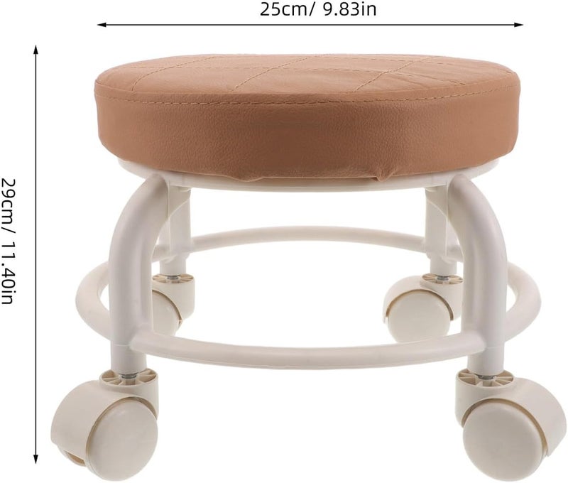 Low Round Rolling Stool with Wheels, Small Pu Swivel Stool 360° Rotation for Salon and Spa, Brown Compact Footrest Chair for Manicure and Home Use - Image 3