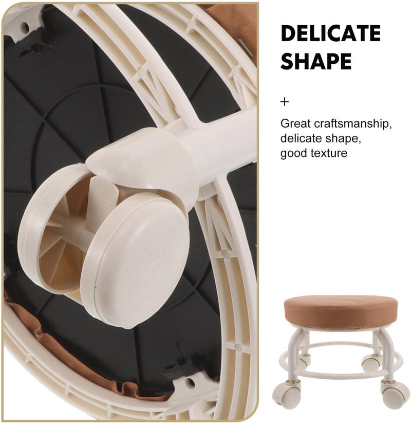 Low Round Rolling Stool with Wheels, Small Pu Swivel Stool 360° Rotation for Salon and Spa, Brown Compact Footrest Chair for Manicure and Home Use - Image 4