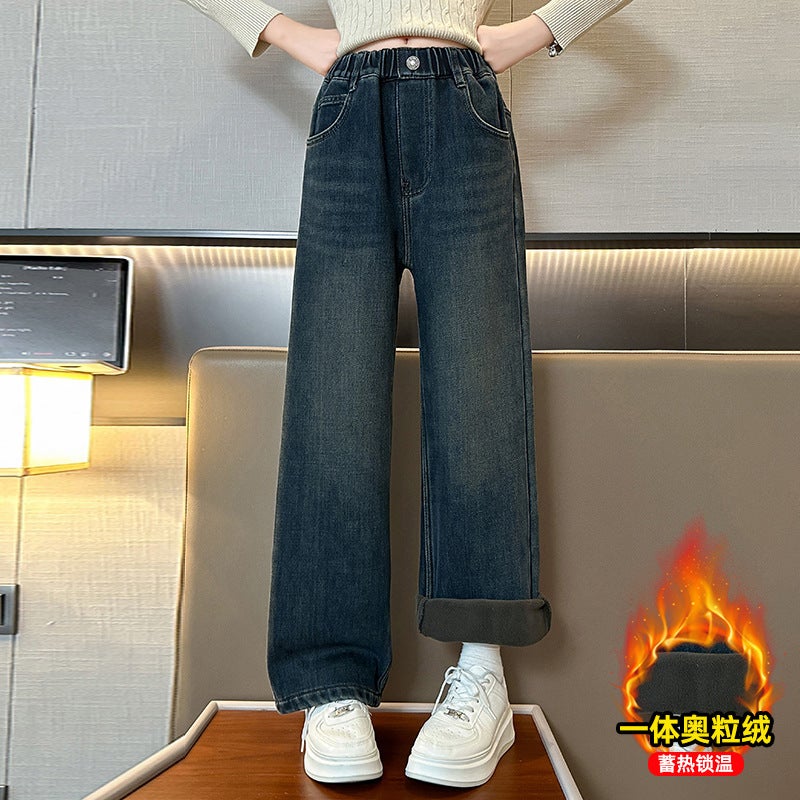 Girls' Velvet Denim Wide-Leg Pants 2025 Style Kidsren'S Medium And Large Kidsren'S Straight Pants Fashionable Pants - Image 1