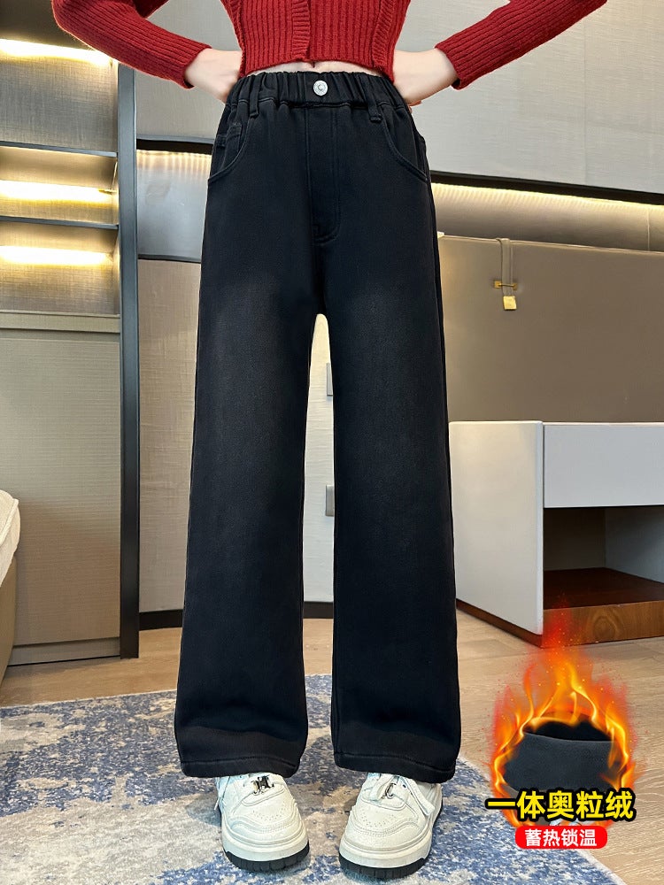 Girls' Velvet Denim Wide-Leg Pants 2025 Style Kidsren'S Medium And Large Kidsren'S Straight Pants Fashionable Pants - Image 4