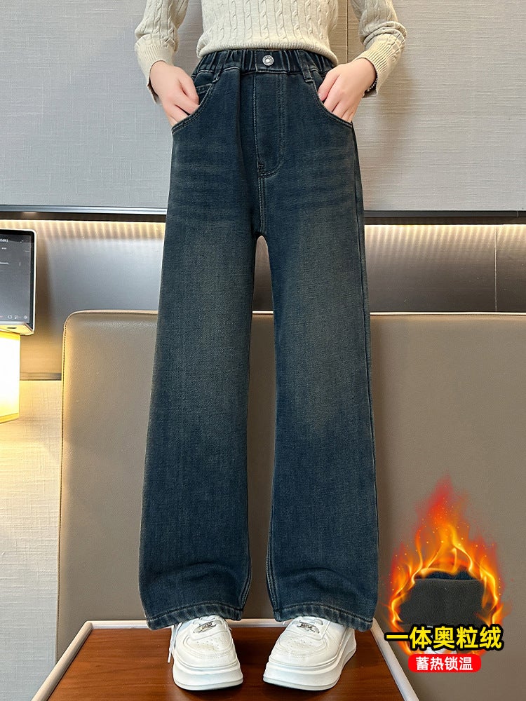 Girls' Velvet Denim Wide-Leg Pants 2025 Style Kidsren'S Medium And Large Kidsren'S Straight Pants Fashionable Pants - Image 3