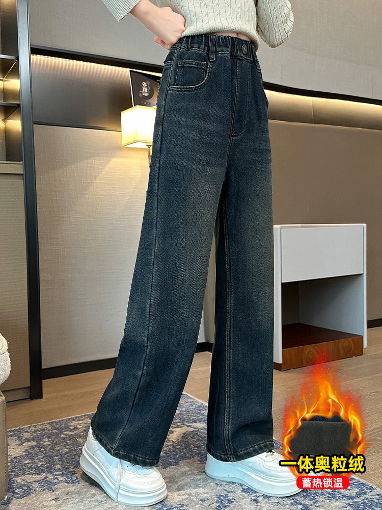 Girls' Velvet Denim Wide-Leg Pants 2025 Style Kidsren'S Medium And Large Kidsren'S Straight Pants Fashionable Pants - Image 2