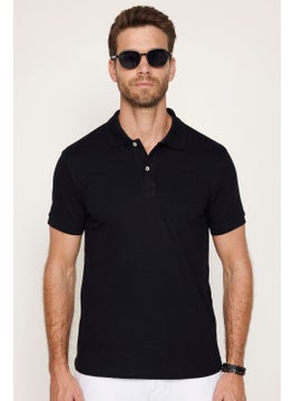 Tudors Men's Slim Fit Narrow Cut Cotton Soft Textured Cool Keeping Fabric Plain Pique Black Polo Collar T-Shirt  - Image 1