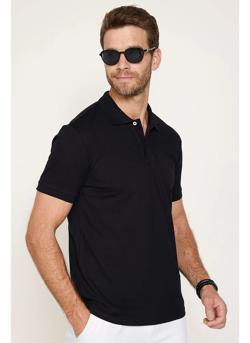 Tudors Men's Slim Fit Narrow Cut Cotton Soft Textured Cool Keeping Fabric Plain Pique Black Polo Collar T-Shirt