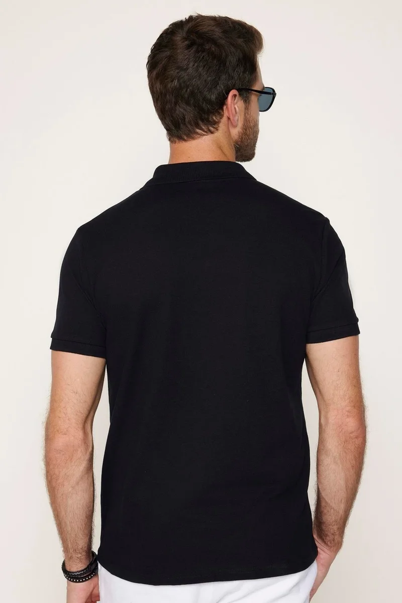 Tudors Men's Slim Fit Narrow Cut Cotton Soft Textured Cool Keeping Fabric Plain Pique Black Polo Collar T-Shirt