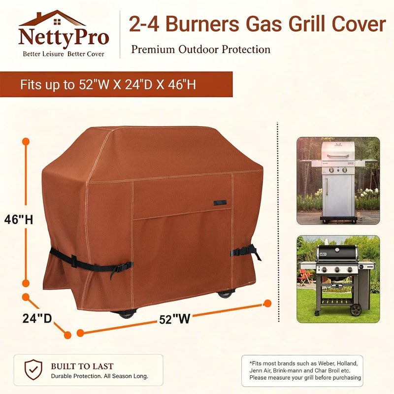 NettyPro غطاء شواية ، مقاس 52 بوصة، مقاوم للماء، من نوع 600D، عالي الجودة، مناسب لأجهزة Weber، Char-Broil، Brinkmann، Nexgrill وغيرها، بلون بيج. - Image 5