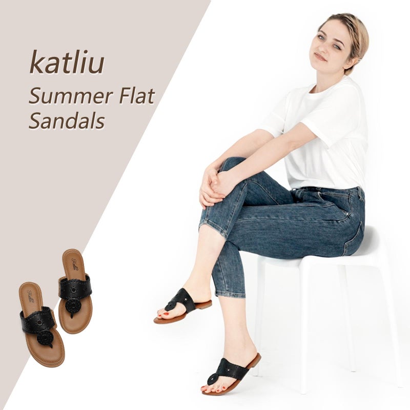 katliu Women's Flat Sandals Flip Flop Sandals Dressy Thong Sandals Black - Image 2